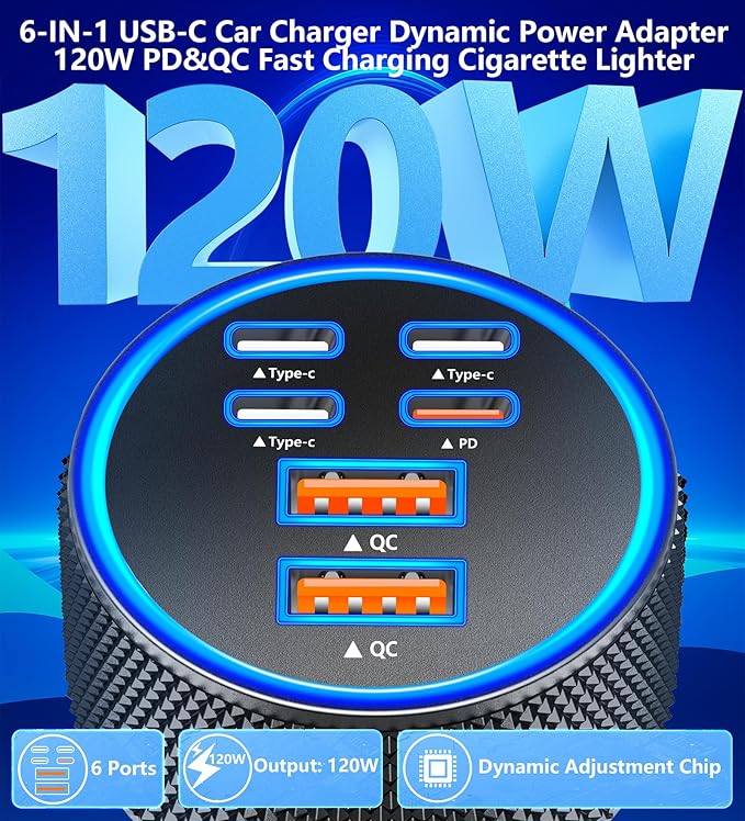 [Apple MFi Certified] iPhone 17 Car Charger, KYOHAYA 6-Port 120W USB-C&USB-A Power Cigarette Lighter Fast Charging PD/QC USB-C Car Charger + Type-C Braided Cord for iPhone 17/17 Pro/16/15/Galaxy/Pixel
