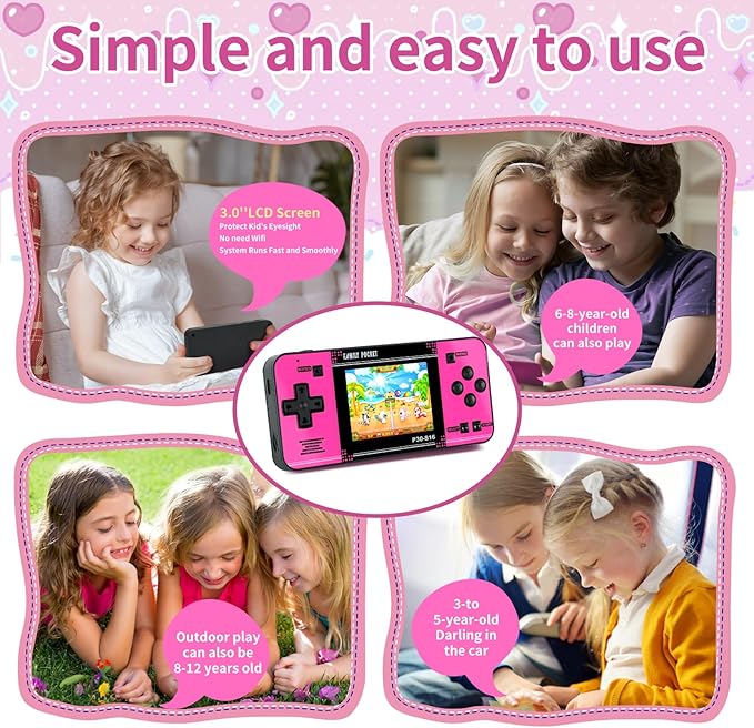 Handheld Game for Kids -Preloaded 220 Retro Video Games, Portable Gaming Player with Rechargeable Battery 3.0" LCD Screen, Mini Arcade Electronic Toy Gifts for Boys Girls (Black+Pink)