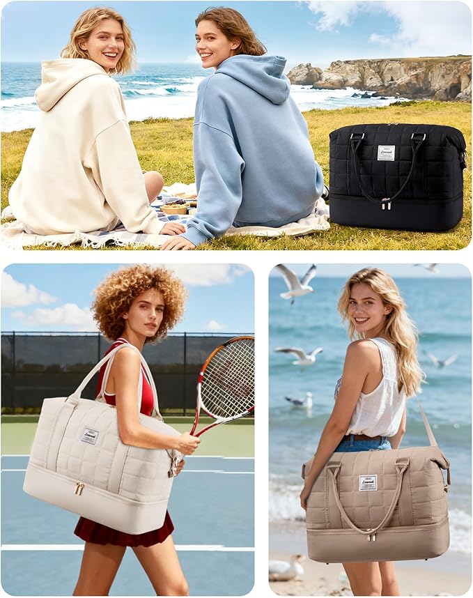 LOVEVOOK Travel Duffel Bag - Versatile Weekender Bag for Women, Puffer Carry On & Overnight Bag for Short Trips, Beige