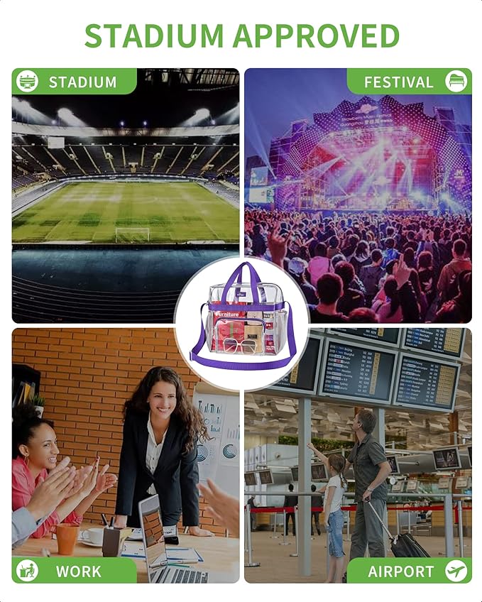 MAY TREE Clear Bag for Stadium Events 12×6×12 Clear Tote Lunch Bag with Reinforced Straps for Work, Sporting Events and Gym, Purple
