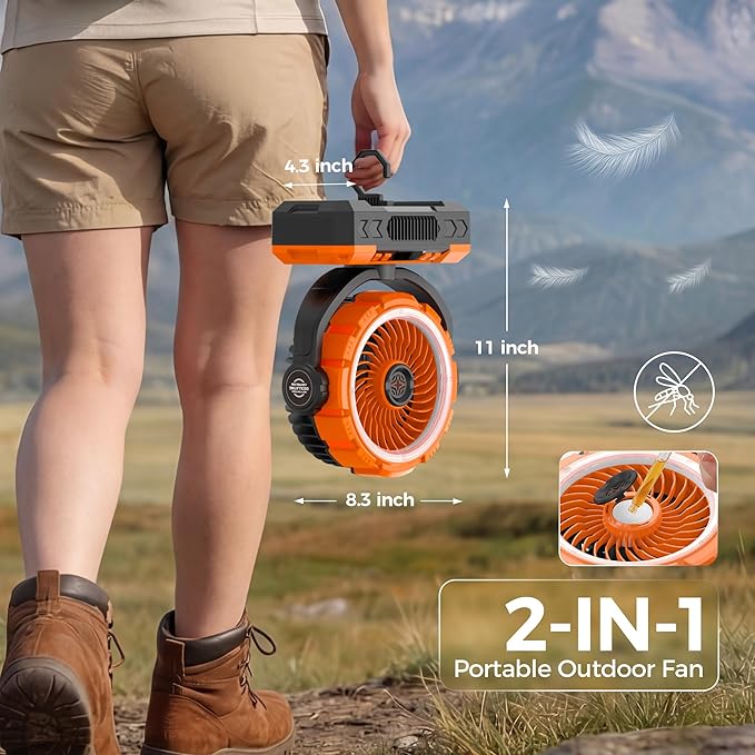 Rechargeable Camping Fan with Oscillating,【Max 60Hrs】Portable Battery Powered Operated Fan,20000mAh Outdoor Turbo Tent Fan & Light,Timer,Hook for Travel,Fishing,Jobsite,Beach,Indoor,Camping Essential