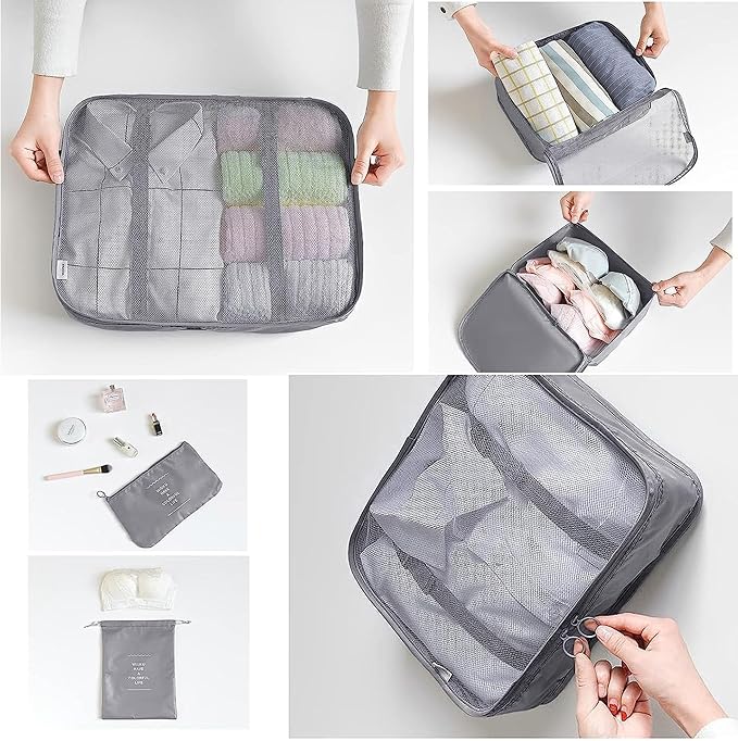 LANSKLBD 6 Set Packing Cubes for Travel, Luggage Organizers with Shoe & Toiletry Bags, Lightweight Suitcase Organizer for Carry-On, Washable Laundry Bags(Grey)