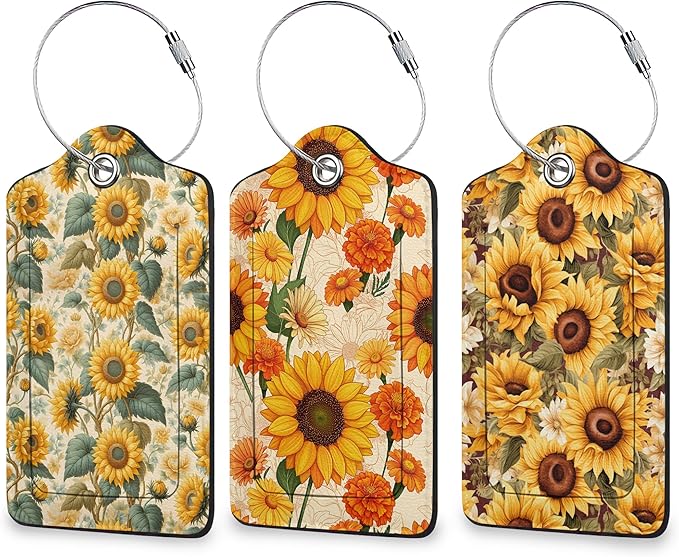 Sunflower Luggage Tags for Suitcase 3 Pack, Privacy Cover ID Label with Stainless Steel Loop and Address Card for Travel Bag Suitcase