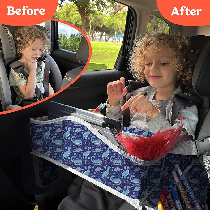 PILLANI Kids Travel Tray for Car - Toddler Essentials for Road Trip, Carseat Tray for Kids Travel, Car Activities for Kids Ages 4-8 w/ Activity Sheets & Pens, Tablet Holder, Dry Erase Board,Cup Holder