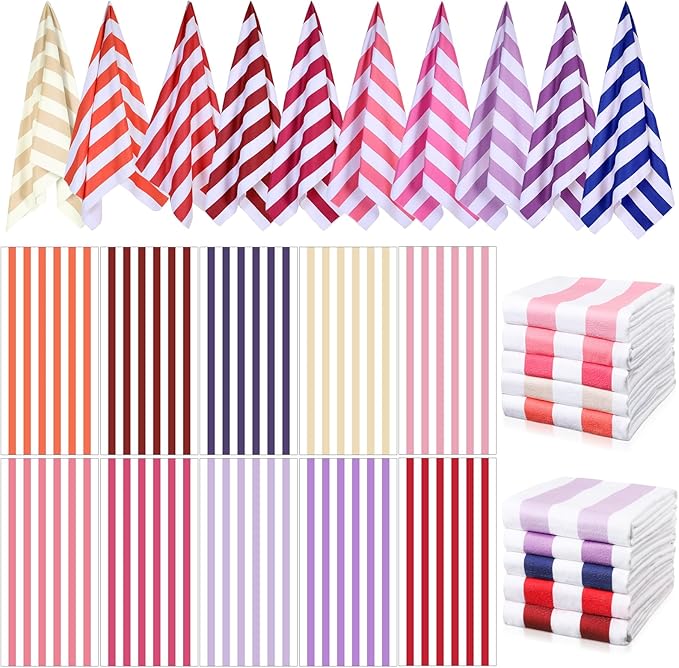 EBOOT 10 Pack Oversized Beach Towel Set Extra Large Pool Towels Microfiber Quick Dry Swim Blanket for Adult Women Men Face Hand Body Bath Travel Pool(Fancy Color,36 x 72 Inch,Cabana Stripe)