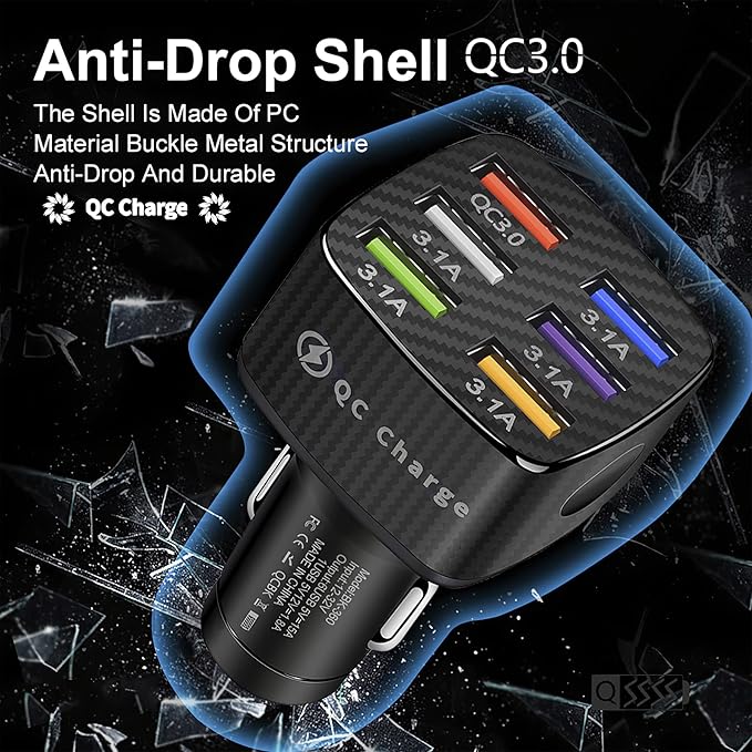 Amiss Car Charger Adapter, 6 USB Multi Port, Fast Charger, Include QC 3.0 and 5 Other Ports, Car Interior Accessories, Fit for iPhone 13/12/11/pro, Samsung Galaxy/Note S10/S9/S8, Android - Black