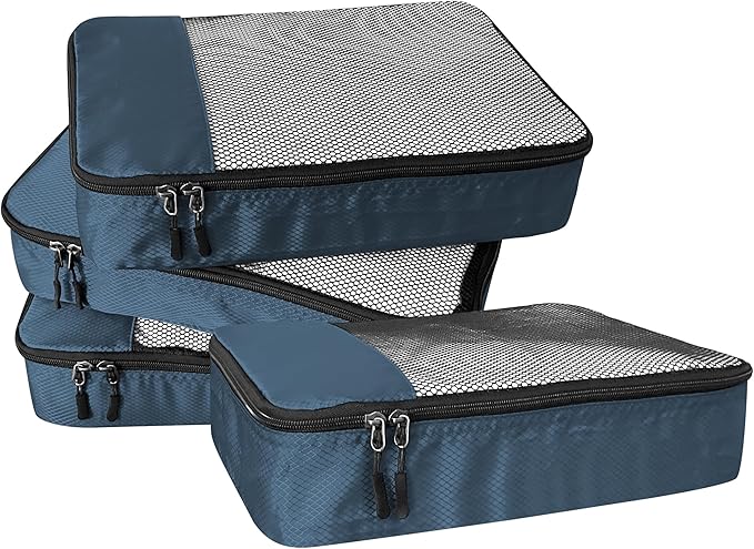WTREE 4-Piece Packing Cubes Travel Accessories Set for Suitcases - Luggage Organizer Bags with Double Zipper - Mesh Top - Medium - Dark Blue