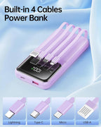 RONEGN Portable Charger with Built in Cable -20000mAh Fast Charging Power Bank USB C Slim 22.5W LED Display Battery Pack 5 Outputs & 3 Inputs for Travel Essentials iPhone Samsung Phones Purple