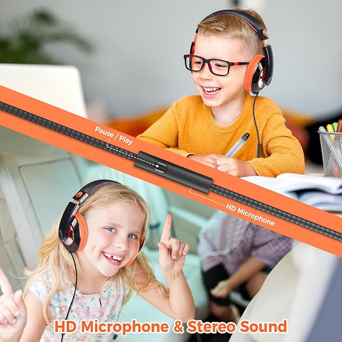 rockpapa Comfort+ Kids Headphones with Microphone, Boys Girls Student Over-Ear Headphones Wired Foldable for School Classroom Laptop PC Computer Tablet Black/Blue+Black/Orange