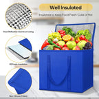BALEINE 2Pk Insulated Reusable Grocery Bags, Collapsible Cooler Bag for Groceries, Heavy Duty Large Insulated Bag (16''x9''x13'', Midnight Blue)