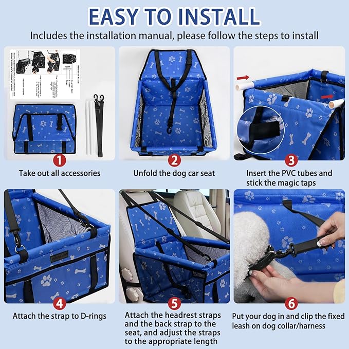 Dog Car Seat Foldable Dog Car Booster Seat Waterproof Breathable Oxford Travel Bag for Small to Medium Dogs, Puppies, and Pets-Pattern Blue+Mat