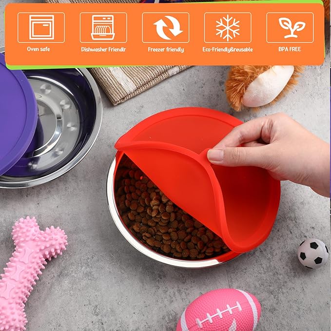 Patelai 4 Pcs Stainless Steel Dog Bowls with Silicone Lids Portable Food and Water Dishes for Pets Sealable Containers for 6.3" for Cats & Small Dogs (Red,Purple)