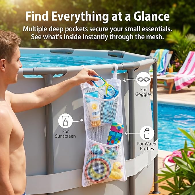 3 Pieces Above Ground Pool Storage Bag - 2 Pcs Pockets Bags & One Large Drawstring Mesh Organizer for Large Floats, Toys, Sports Balls, Towels & Beverages