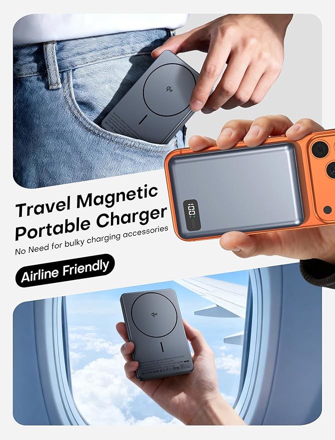 Enyneo Mag.Safe Portable Charger, 10000mAh Battery Pack - Qi2 Certified, 20W Fast Charging Wireless Magnetic Power Bank for iPhone 17/ Air/ 16/15/14/13/12 Series, Travel Camping Essential-Grey