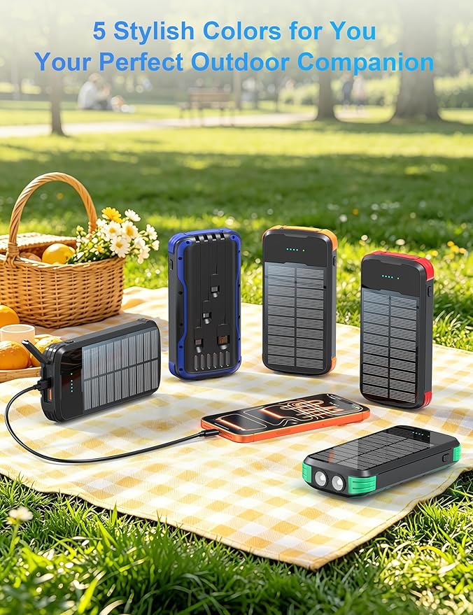 Solar Charger Power Bank, PD 20W Fast Charging External Batter, 40000mAh Portable Phone Charger Built in 4 Cables with Dual Bright Flashlights for Camping, Hiking, and Outdoor Use (Blue)