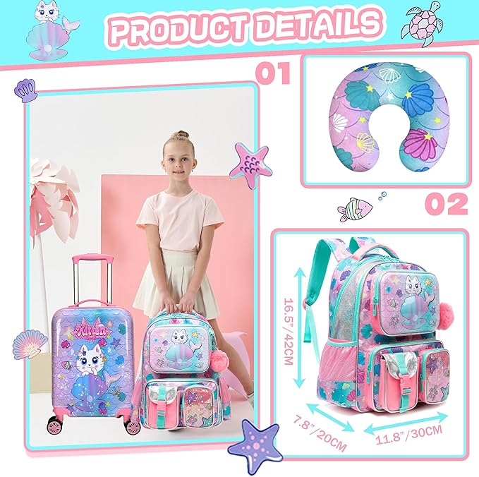 Cute Cat Kid's Luggage Set - 5 Piece Hardside Suitcase Set with Spinner Wheels - Airline Approved