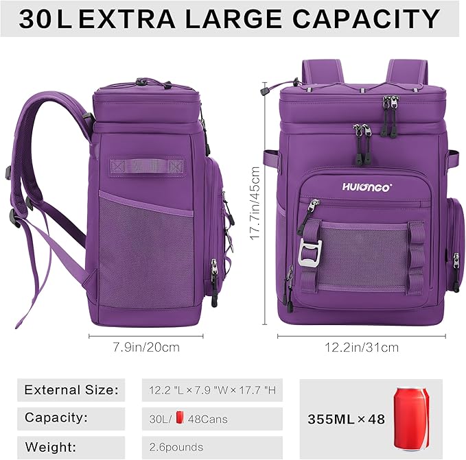 Hulongo Large Waterproof Insulated Cooler Backpack for Men & Women, Leak Proof Cooler Backpack for Camping, Beach, Fishing, Picnic, Travel, Outdoor, 30L, 48Cans