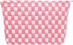 Knitted Checkered Makeup Bag Large Zipper Make Up Accessory Pouch for Purse Cosmetic Brush Bag for Travel Essential Pink White