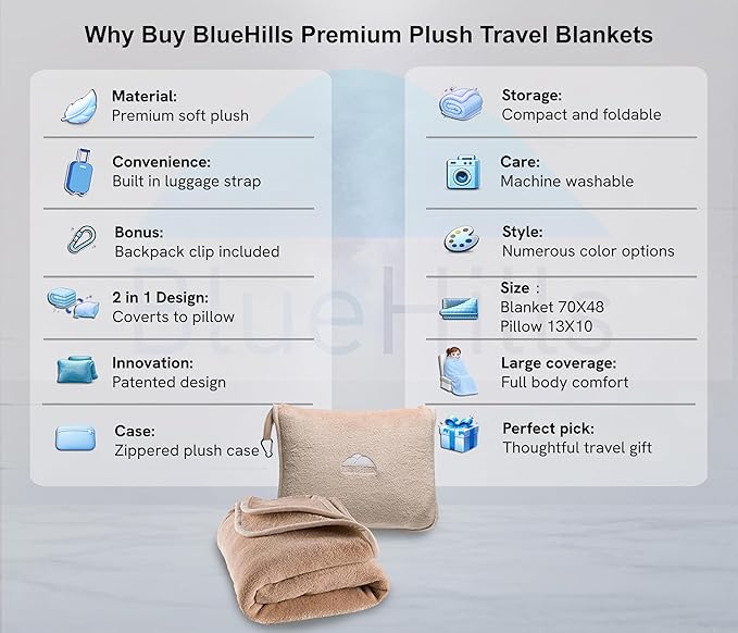 BlueHills Premium Soft Tall Travel Blanket Pillow for Airplane Traveling Essentials Long Flight Trip Throw in Bag case with Backpack Clip Compact Large Plane Accessories Beige T053