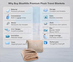 BlueHills Premium Soft Tall Travel Blanket Pillow for Airplane Traveling Essentials Long Flight Trip Throw in Bag case with Backpack Clip Compact Large Plane Accessories Beige T053