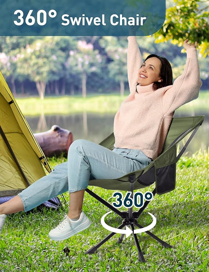 Docusvect Swivel Portable Camping Chair for Adults, Fast Setup, Lightweight & Small Folding Chair with Cup Holder, Side Pocket and Carry Bag - Support 330 LBS
