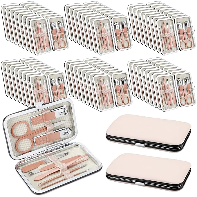 Geosar 50 Set 8 in 1 Travel Manicure Kit Bulk Professional Nail Clippers Pedicure Nail Care Tools Grooming Stainless Steel Set with Portable Travel Case, Gift for Valentine Men Women(Rose Gold)