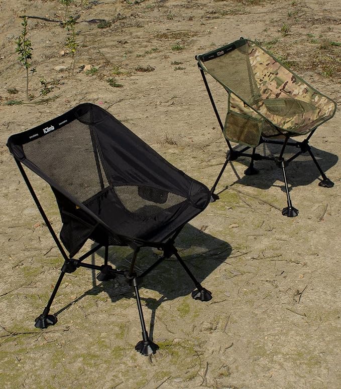 iClimb Ultralight Compact Camping Folding Beach Chair with Anti-Sinking Large Feet and Back Support Webbing (Woodland - Square Frame)