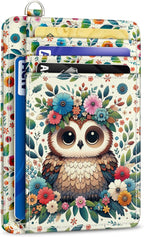 Yonlevres Credit Card Holder Slim Wallet, Floral Owl RFID Wallet Women Front Pocket Small Card Holder, Funny Cute Travel Thin Card Case ID Window PU Leather RFID Blocking Card Organizer Gift Girls