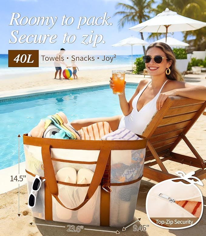 2026 Stylish & Spacious XX-Large Beach Bag for Women – Mesh × Canvas Tote with Top Zipper, 11 Tall Pockets | 40L+ Spacious, 11 Tall Pockets, Zipper Pouch, Secure Zip-Top, Sand-Resistant Base
