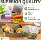 Everusely - Bento Box - Sage, 60oz / 1.8 L - Extra Large Stainless Steel Lunch Box + Leakproof Condiment Container - 3 Compartment Snack Organizer for On the Go Meals - Freezer & Dishwasher Safe