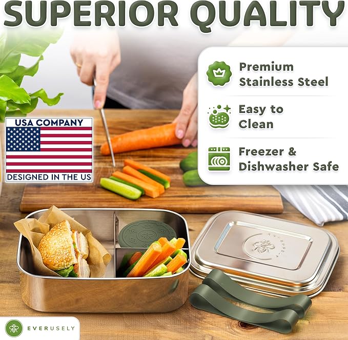 Everusely - Bento Box - Sage, 60oz / 1.8 L - Extra Large Stainless Steel Lunch Box + Leakproof Condiment Container - 3 Compartment Snack Organizer for On the Go Meals - Freezer & Dishwasher Safe
