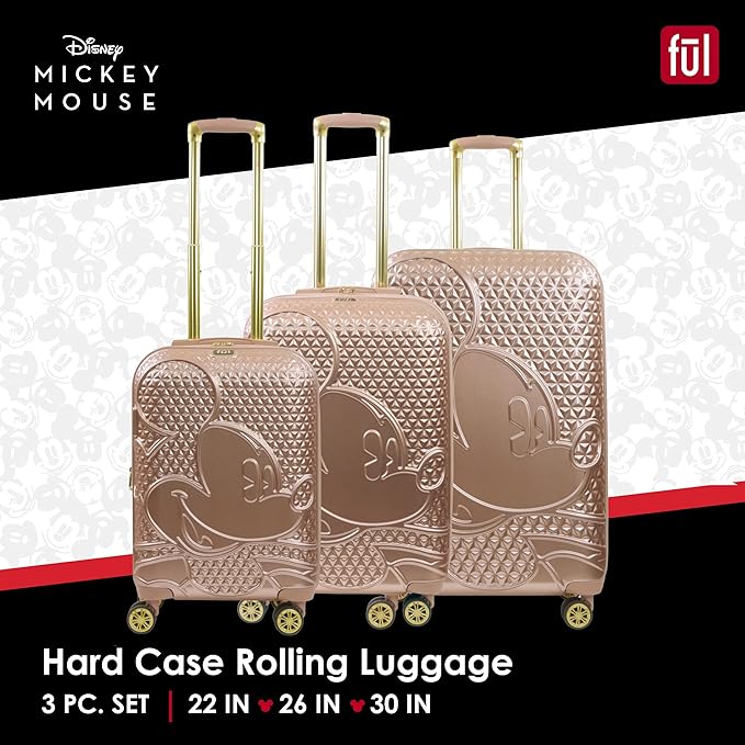 FUL Disney Mickey Mouse 3 Piece Rolling Luggage Set, Hardshell Suitcases with Spinner Wheels, 22/26/30 Inch, Rose Gold