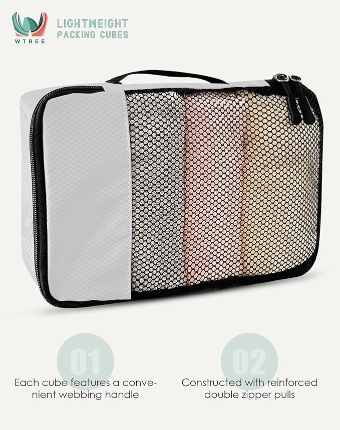 WTREE 4-Piece Packing Cubes Travel Accessories Set for Suitcases - Luggage Organizer Bags with Double Zipper - Mesh Top - Large - Beige