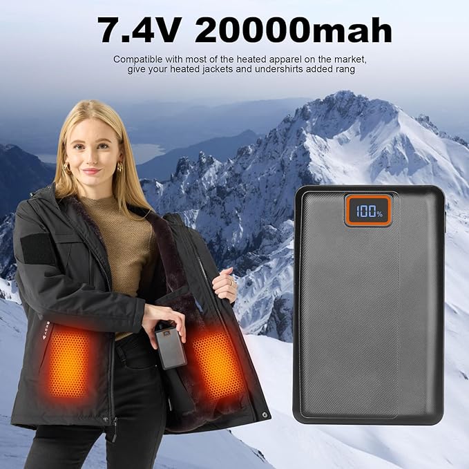 7.4V 20000mAh Rechargeable Power Bank with USB Cable, Fast Charge Battery Packs with LED Display for Heated Jacket, Heated Vest, Heated Hoodie, Heated Socks, Smart Mobile Devices