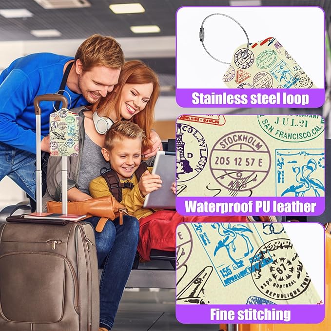3 Pack Retro Travel Stamp Luggage Tags for Suitcase Travel Stickers PU Leather Luggage Tag Privacy Cover ID Label for Women Men Baggage Backpack Handbag School Bag