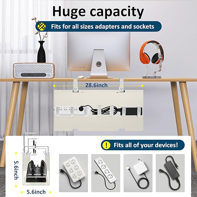 28" Small Under Desk Cable Management Tray No Drill, Compact Clamp On Cord Organizer for Dorm & Small Desk, Anti-Sag Oxford Fabric Wire Hider, Power Strip Holder (Beige, 28.6")