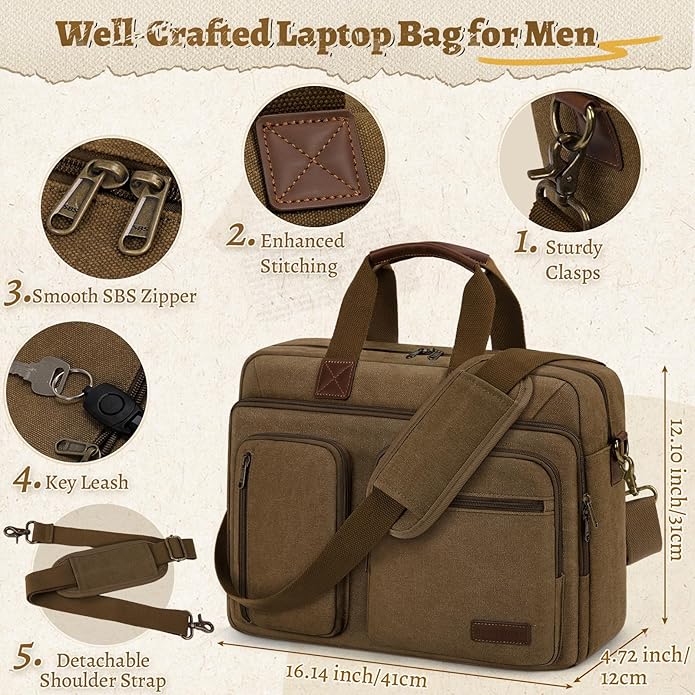 Mens Laptop Messenger Bag Canvas Briefcase Waterproof Vintage Computer Bag Shoulder Bag Satchel Bags for Work College Travel