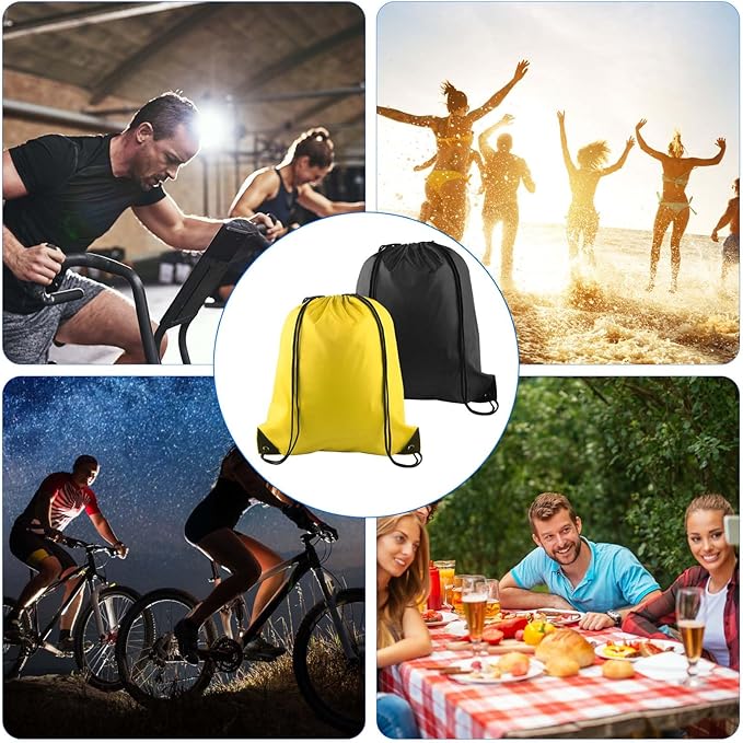 PLULON 2Pcs Drawstring Bags Bulk Drawstring Backpack Black Yellow String Backpack Cinch Sack Sport Gym Backpack Bags for Yoga Traveling Outdoor Sports