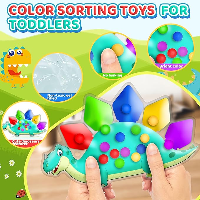 4PC Dinosaur Color Sorting Sensory Toys for Toddler, Montessori Travel Toys Fine Motor Skill Learning Activities Quiet Calm Down Fidgets for Classroom for 3 4 5 Year Old Kid Easter Basket Stuffers
