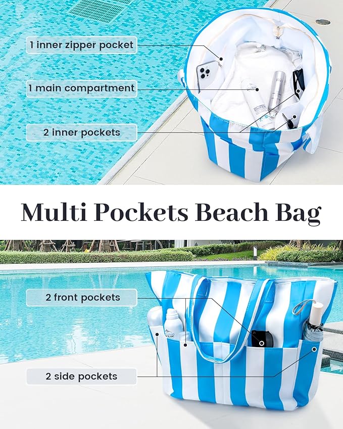 Iioscre Beach Bag for Women, Causal Hobo Pool Bags with Zipper Inner Pocket, Foldable Swim Tote Bag for Vacation Essentials