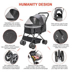 Lightweight Dog Stroller with Reversible Handle for Medium Small Dogs and Cats, Foldable Pet Stroller Travel Carriage with Large Storage Basket, 4 Wheels, Black