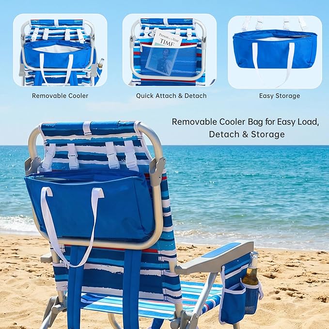 SUNNYFEEL Low Beach Chair 2 Pack, 5-Position Lay Flat Reclining, Backpack Portable Folding Chairs with Cooler Bag & Cup Holder, Heavy Duty 350 LBS, Compact for Beach, Camping, Travel