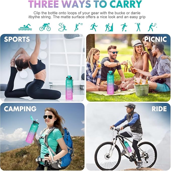 Water Bottle with Straw 1L,Boys Water Bottles with Straw 1 Litre,Waterbottle Leak-Proof Sports Water Bottle,Plastic Drinks Bottles Toxin Free，Bpa-Free (Green Purple)