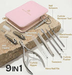 Beauty Power 9 in 1 Professional Manicure Pedicure Set - Stainless Steel Nail Clippers, Nano File, Cuticle Nipper, Scissors, Tweezers, Travel PU Leather Case for Men & Women - Gift Idea - Pink