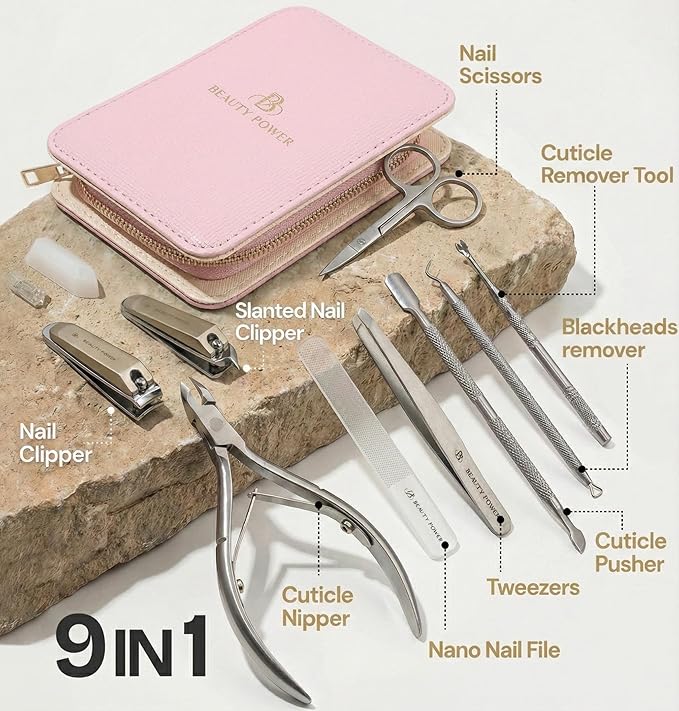 Beauty Power 9 in 1 Professional Manicure Pedicure Set - Stainless Steel Nail Clippers, Nano File, Cuticle Nipper, Scissors, Tweezers, Travel PU Leather Case for Men & Women - Gift Idea - Pink