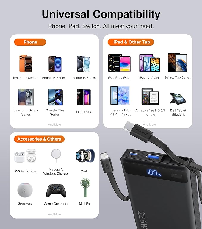 Power Bank with 2 Built-in Cables 10000mAh, 22.5W PD Slim Portable Charger USB C Battery Pack, Travel Essentials Fast Charging Powerbank Compatible with iPhone 17 16 15 Plus Pro Samsung iPad (1 Pack)