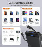 Power Bank with 2 Built-in Cables 10000mAh, 22.5W PD Slim Portable Charger USB C Battery Pack, Travel Essentials Fast Charging Powerbank Compatible with iPhone 17 16 15 Plus Pro Samsung iPad (1 Pack)