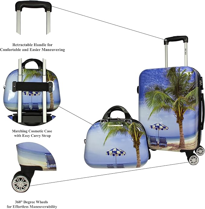 World Traveler VentureX Airline Approved 2-Piece Carry-On Luggage Set – Lightweight Hardside Polycarbonate Suitcase with Spinner Wheels - Palm Tree