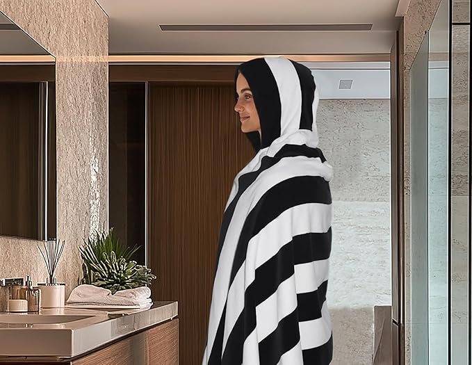 COTTON CRAFT Hooded Beach Towel – Oversized 35 x 70 Towel with Hood for Adults - 100% Cotton Velour Dobby Terry Towel - 450 GSM Pool Bath Wrap - Soft Absorbent Quick Dry – Cabana Stripe Black