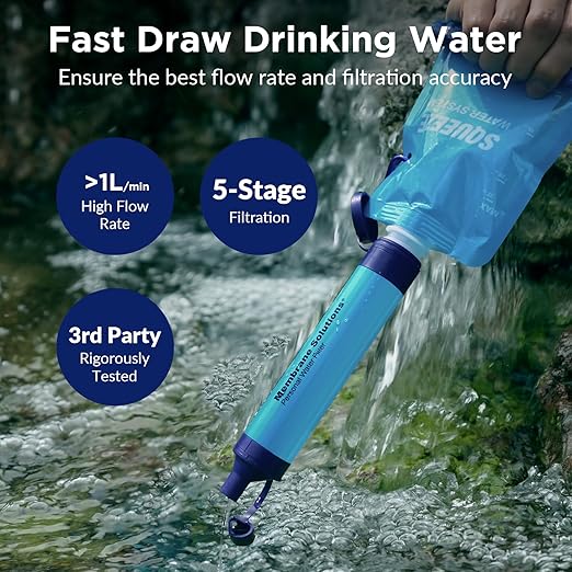 Membrane Solutions Squeezable Water Filtration System, Survival Water Purifier Kit, Portable Backpacking Gear Including Water Filter Straw and 23oz Collapsible Bottle for Hiking Camping Travel(1+2)